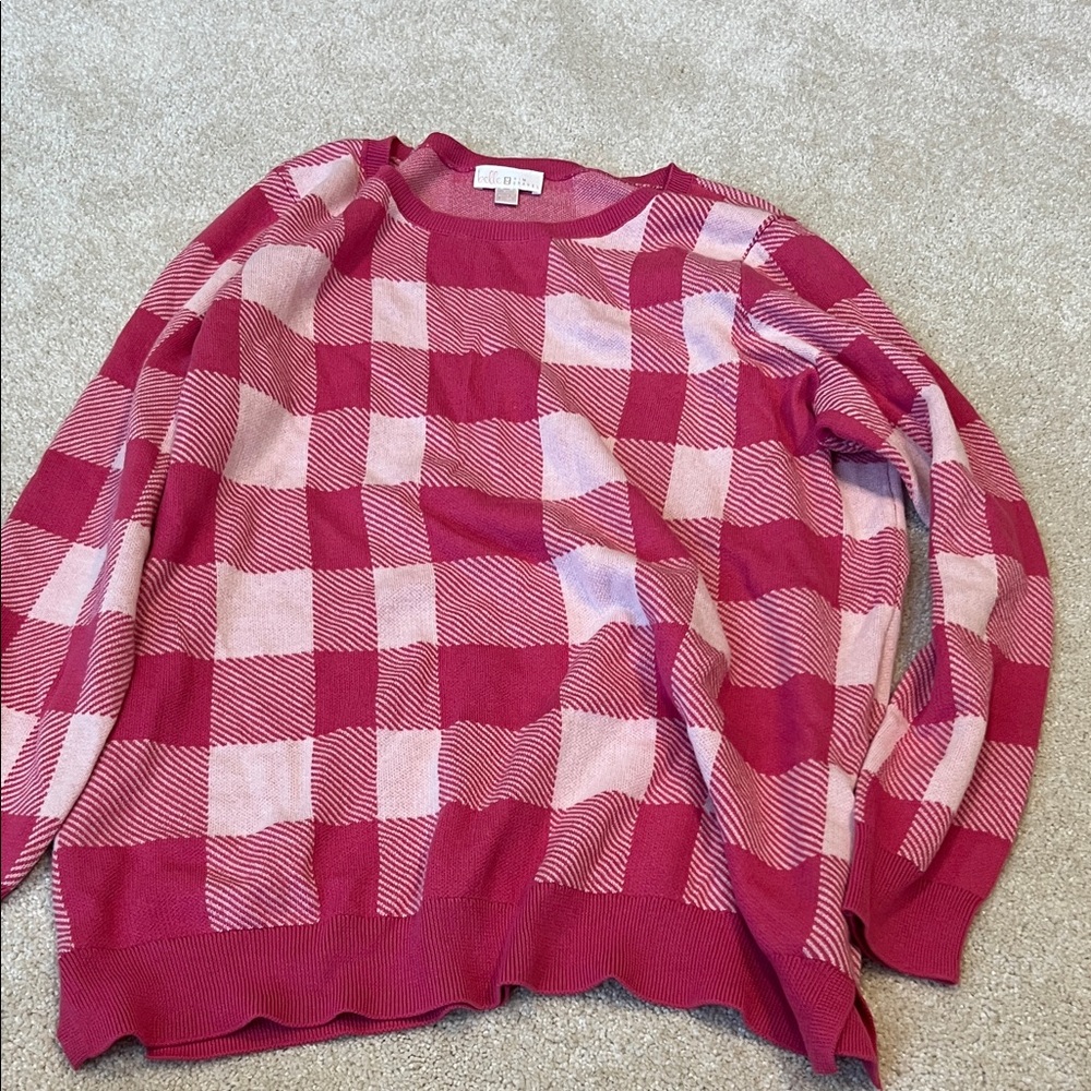 Red and Pink Checkered Crew Neck Sweater